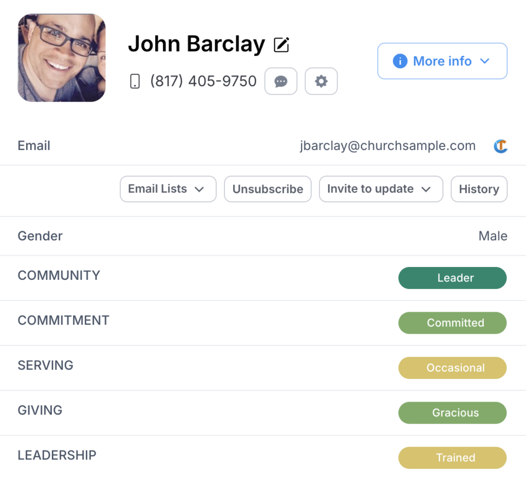 Custom fields to track discipleship markers in your church management software.